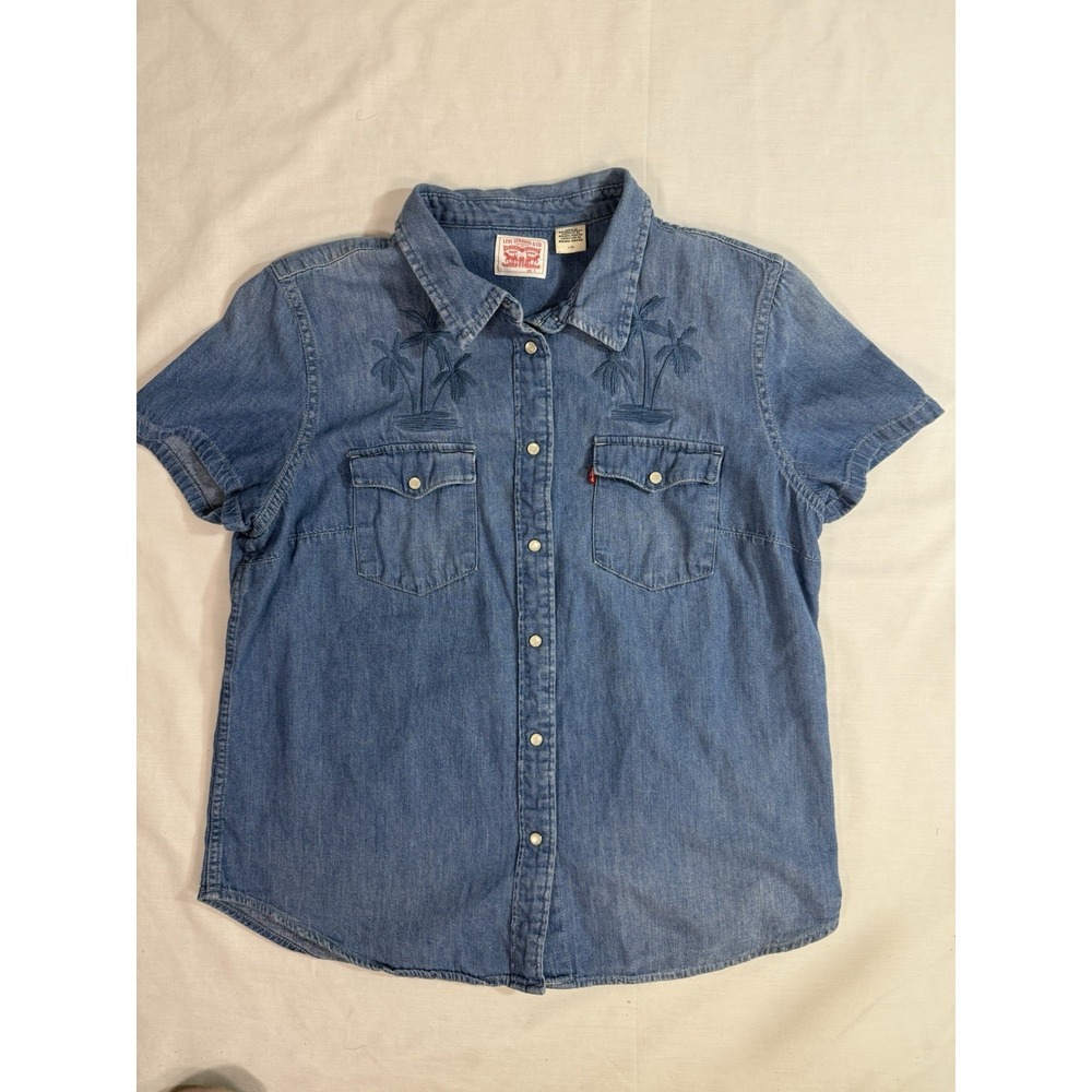Levi Strauss & Co Denim Blue Jean Short Sleeve Snap Button Top Palm Trees Sz LG